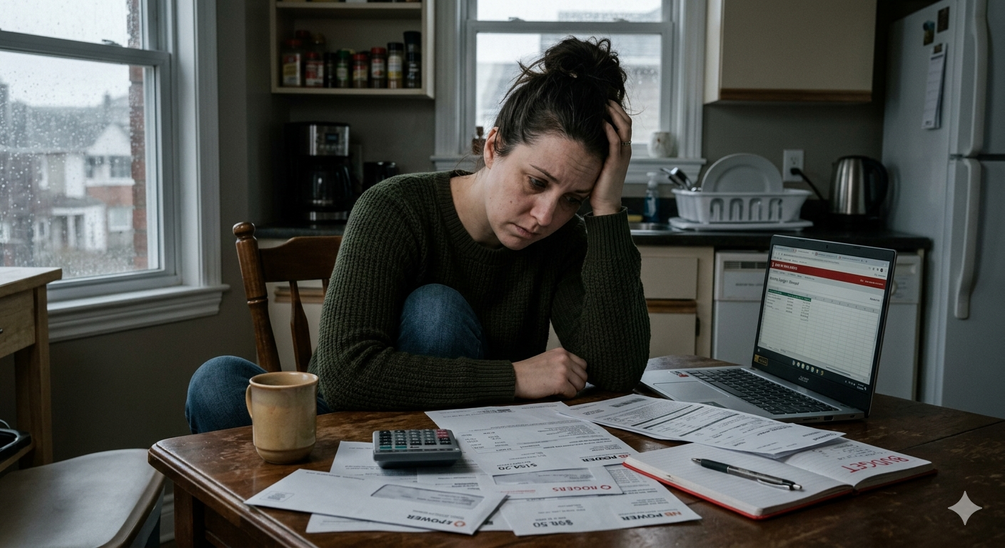 A worried woman sitting at a kitchen table with bills, calculator, and laptop, holding her head slightly stressed, dim natural lighting, realistic home setting, papers spread out, emotional but not dramatic, cinematic realism, 4k A worried woman sitting at a kitchen table with bills, calculator, and laptop, holding her head slightly stressed, dim natural lighting, realistic home setting, papers spread out, emotional but not dramatic, cinematic realism, 4k