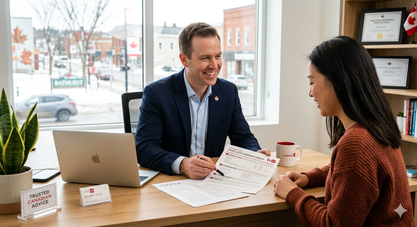 A friendly professional insurance advisor sitting across from a client at a clean modern desk, smiling and explaining documents, laptop and paperwork visible, bright office with natural light, calm and trustworthy atmosphere, Canadian setting, ultra-realistic, 4k A friendly professional insurance advisor sitting across from a client at a clean modern desk, smiling and explaining documents, laptop and paperwork visible, bright office with natural light, calm and trustworthy atmosphere, Canadian setting, ultra-realistic, 4k