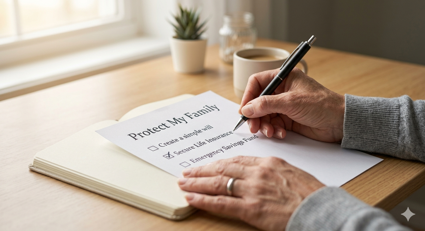 A close-up of hands checking off a box on a checklist titled “Protect My Family”, with a pen, notebook, and soft morning light, minimalistic desk, shallow depth of field, symbolic and clean composition, ultra-realistic, 4k A close-up of hands checking off a box on a checklist titled “Protect My Family”, with a pen, notebook, and soft morning light, minimalistic desk, shallow depth of field, symbolic and clean composition, ultra-realistic, 4k