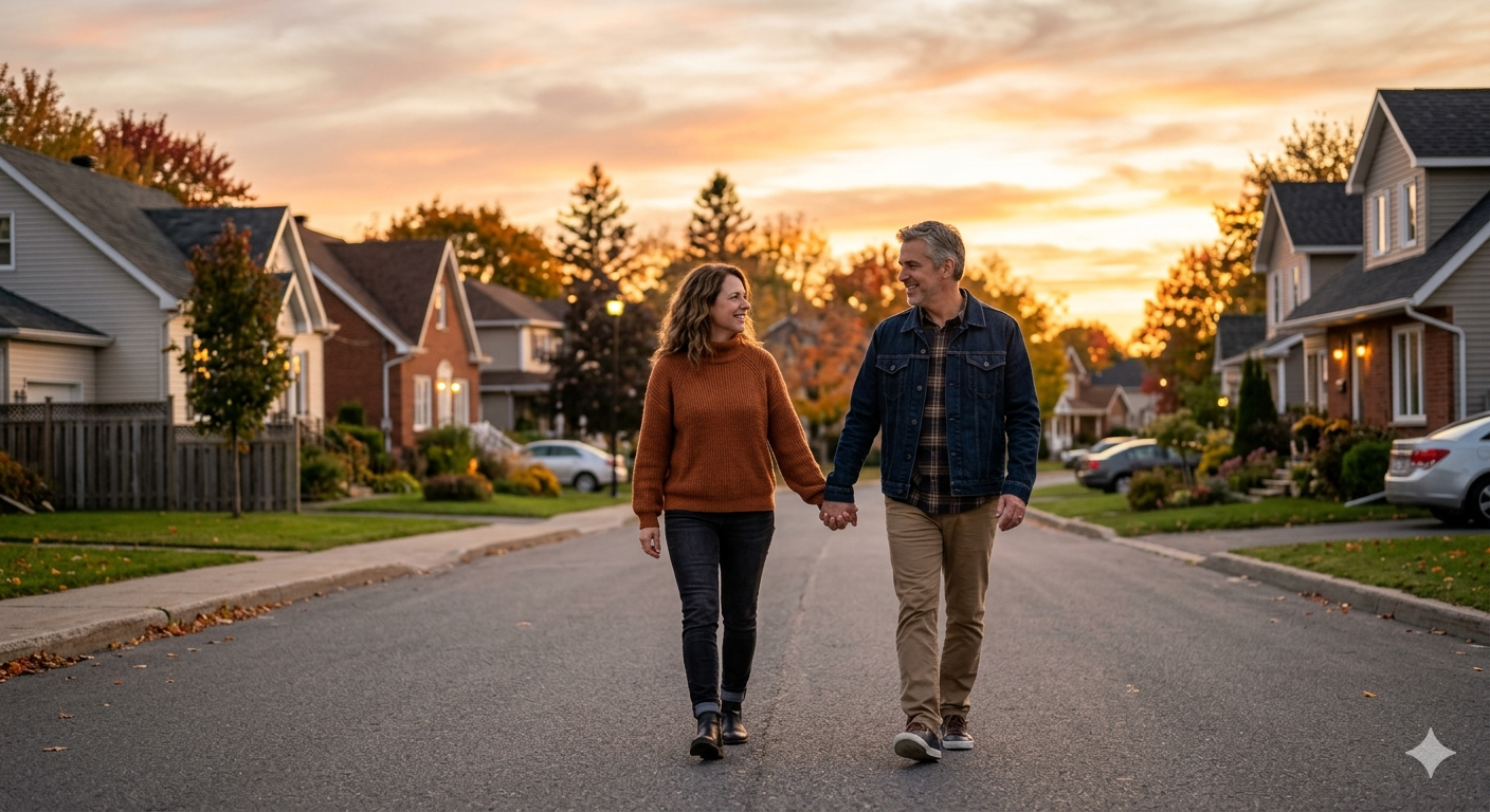 A couple walking hand in hand at sunset in a quiet suburban neighborhood, soft golden hour lighting, peaceful and secure feeling, houses in the background, cinematic composition, ultra-realistic, 4k A couple walking hand in hand at sunset in a quiet suburban neighborhood, soft golden hour lighting, peaceful and secure feeling, houses in the background, cinematic composition, ultra-realistic, 4k