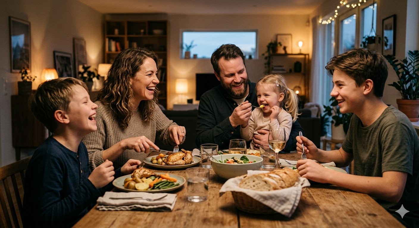A family sitting together at a dinner table, laughing and sharing a meal, warm lighting, authentic candid moment, modern home, feeling of connection and security, soft focus, natural colors, cinematic photography, high detail, lifestyle photography