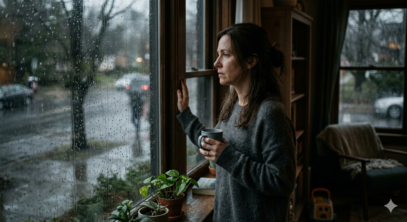 A thoughtful parent looking out a rainy window, soft natural light, reflective mood, subtle emotion (not dramatic), cinematic shadows, realistic setting, muted tones, shallow depth of field, storytelling photography, feeling of concern and responsibility