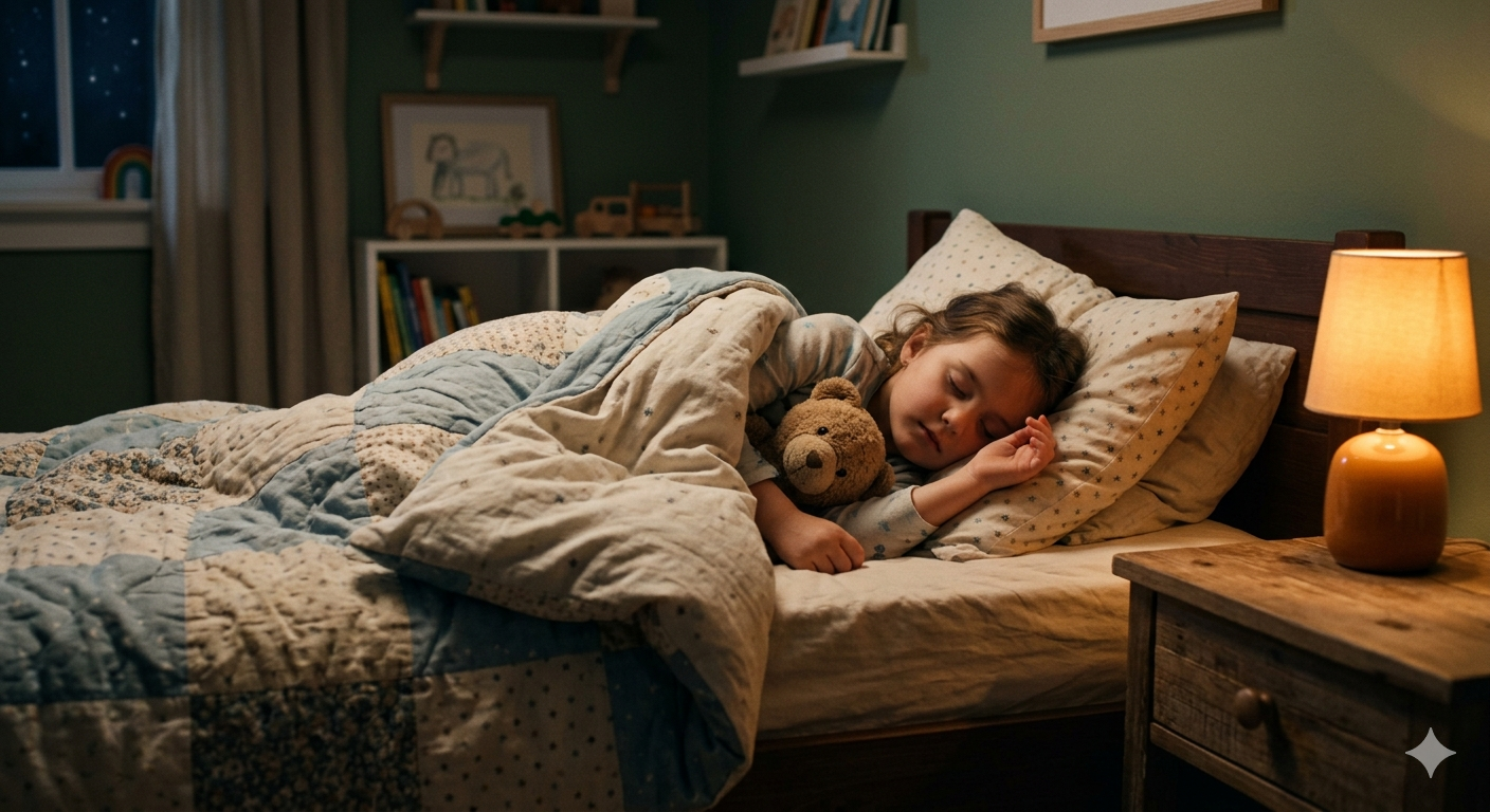A child sleeping peacefully in bed at night, soft warm bedside lighting, calm and safe atmosphere, cozy bedroom, gentle shadows, high detail, cinematic composition, symbol of protection and peace of mind