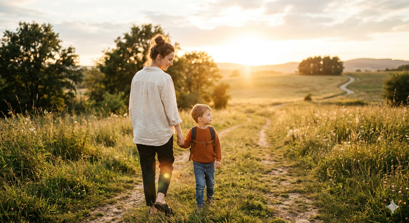 A young parent holding hands with their child while walking outside during golden hour, sunlight glow, hopeful and forward-looking mood, natural environment, soft lens flare, cinematic, ultra-realistic, symbol of future and planning ahead