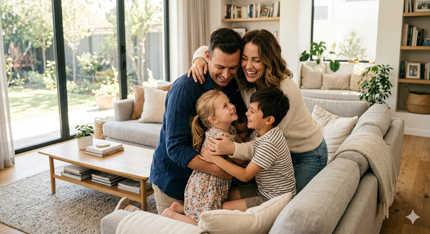 A happy family embracing together in a bright living room, natural light, genuine smiles, feeling of safety and happiness, clean modern home, warm tones, cinematic lifestyle photography, ultra-realistic, high resolution