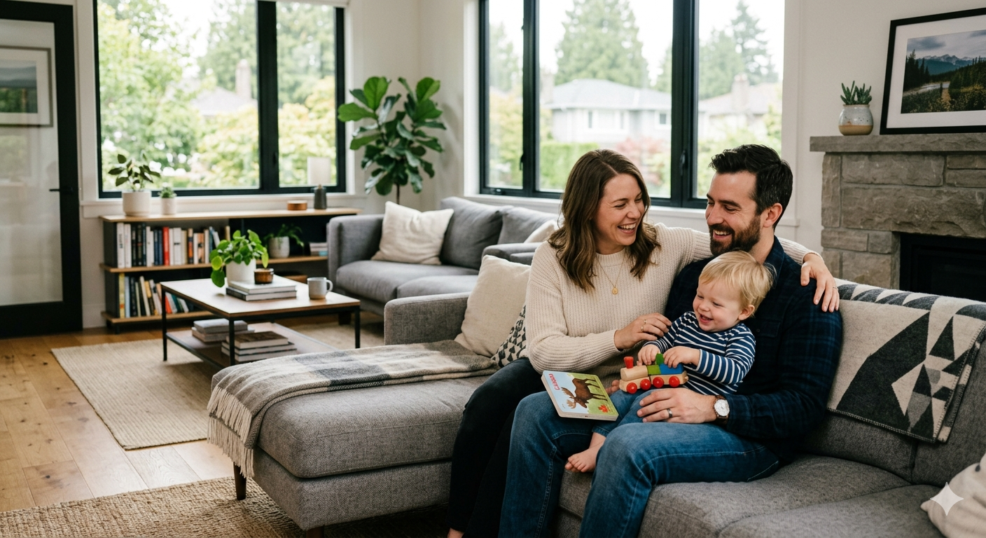 A warm and emotional lifestyle photo of a young Canadian family sitting together in a bright modern living room. Parents smiling while playing with their child on the couch, soft natural daylight coming through large windows. A subtle feeling of safety, comfort, and financial security. Modern home interior, realistic photography style, shallow depth of field, warm tones, professional commercial quality, family-focused atmosphere.