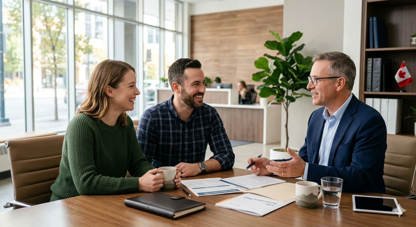 A professional and reassuring scene of a healthy man and woman in their 30s meeting with a life insurance advisor at a modern local office in Canada. Documents and coffee on the table, relaxed conversation, genuine smiles, natural lighting, trustworthy and caring atmosphere. Modern professional photography style, clean composition, realistic details, soft warm colors, financial planning and future protection concept.