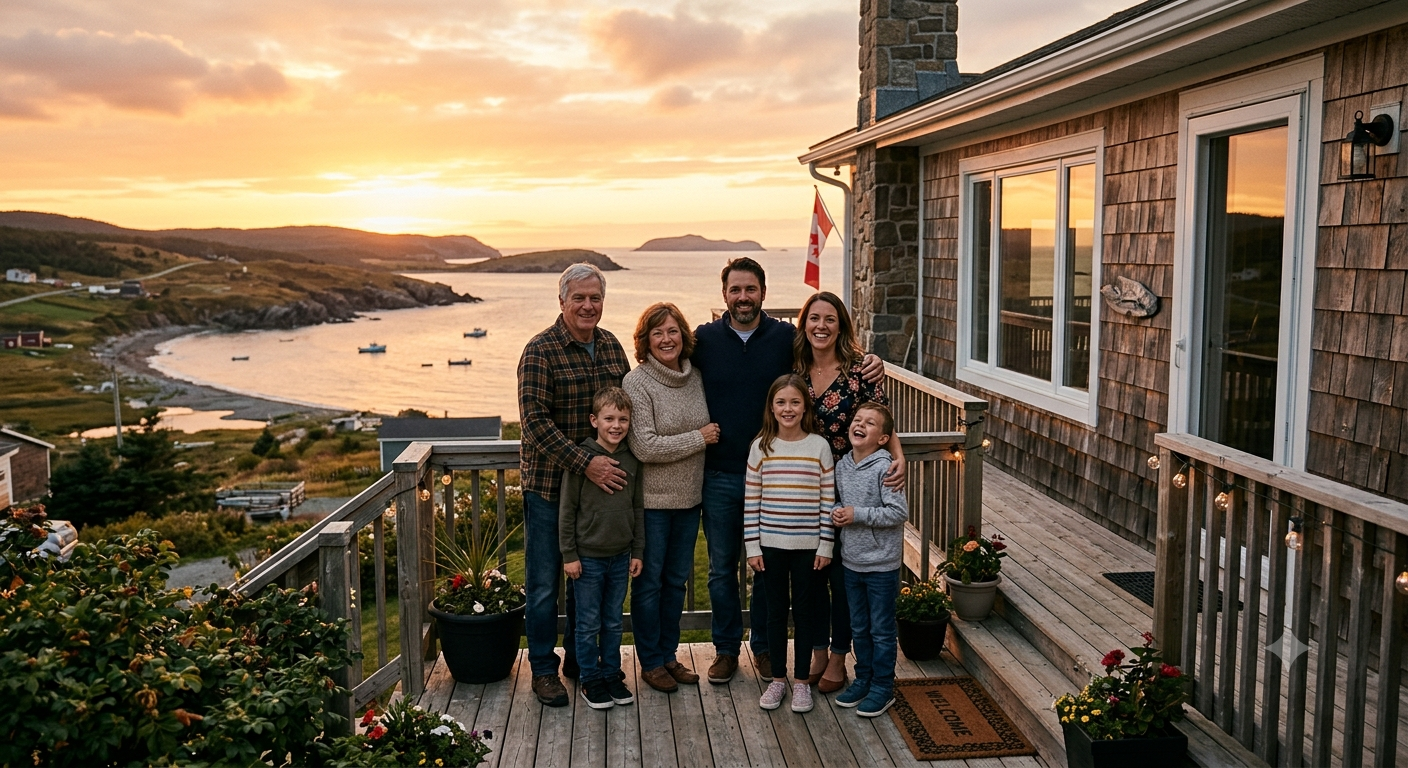 A multi-generational Canadian family standing in front of their home at sunset, smiling and relaxed, representing security and peace of mind. Subtle coastal Atlantic Canada background. Warm golden lighting, cinematic feel, realistic photography. A multi-generational Canadian family standing in front of their home at sunset, smiling and relaxed, representing security and peace of mind. Subtle coastal Atlantic Canada background. Warm golden lighting, cinematic feel, realistic photography.