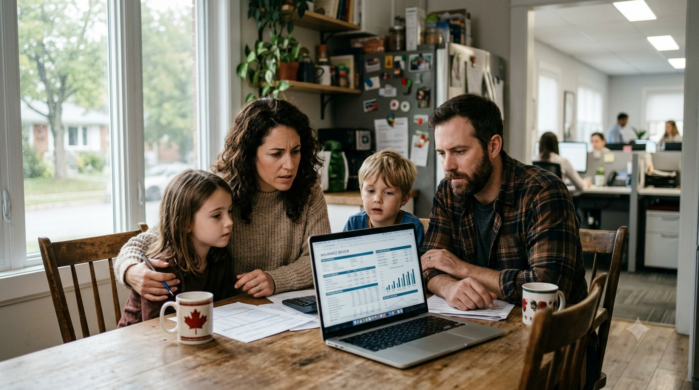 Create a cinematic, realistic, emotionally impactful image showing a modern Canadian family (parents with 1–2 children) sitting at a kitchen table looking slightly concerned while reviewing financial documents or insurance papers on a laptop or tablet. Scene should feel warm but slightly tense, symbolizing uncertainty and financial responsibility. In the background, subtly show a “workplace office” or faint corporate environment fading away, symbolizing reliance on employer insurance. Lighting: soft natural morning light coming through a window, warm tones but slightly desaturated to create seriousness. Style: ultra-realistic, cinematic photography, shallow depth of field, professional advertising quality. Mood: “false sense of security” turning into awareness and clarity. Composition: family in foreground, documents clearly visible but not readable, focus on emotions and connection. No text, no logos, no watermarks. Create a cinematic, realistic, emotionally impactful image showing a modern Canadian family (parents with 1–2 children) sitting at a kitchen table looking slightly concerned while reviewing financial documents or insurance papers on a laptop or tablet. Scene should feel warm but slightly tense, symbolizing uncertainty and financial responsibility. In the background, subtly show a “workplace office” or faint corporate environment fading away, symbolizing reliance on employer insurance. Lighting: soft natural morning light coming through a window, warm tones but slightly desaturated to create seriousness. Style: ultra-realistic, cinematic photography, shallow depth of field, professional advertising quality. Mood: “false sense of security” turning into awareness and clarity. Composition: family in foreground, documents clearly visible but not readable, focus on emotions and connection. No text, no logos, no watermarks.