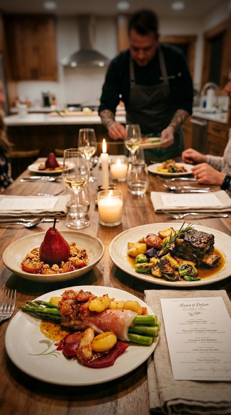 Nate serving a candlelit dinner table set with wine-poached pear, cider-braised short rib with Brussels sprouts and potatoes, prosciutto-wrapped asparagus, and a printed Alyssa and Dylan menu