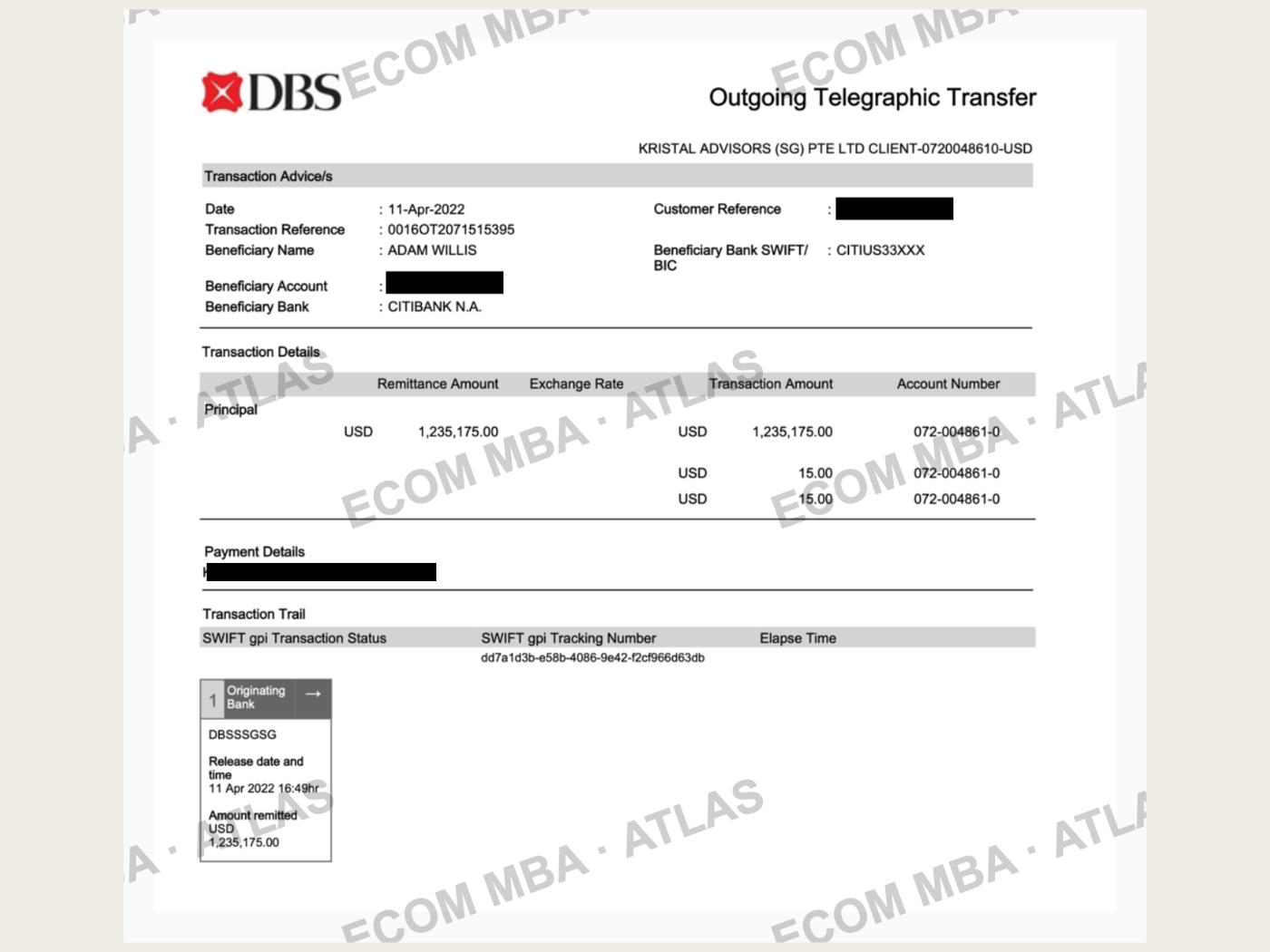 Proof of a $1.24M brand-exit wire transfer