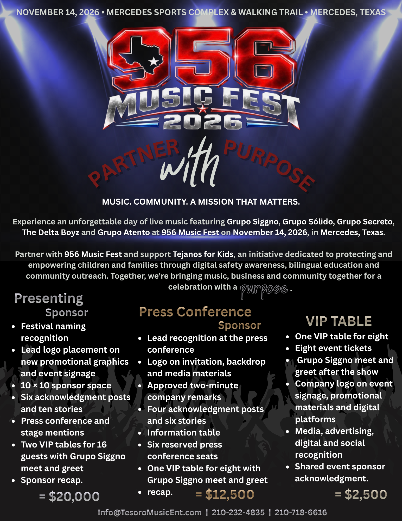 956 Music Fest signature partnerships flyer with Presenting Sponsor, Press Conference Sponsor, and VIP Table