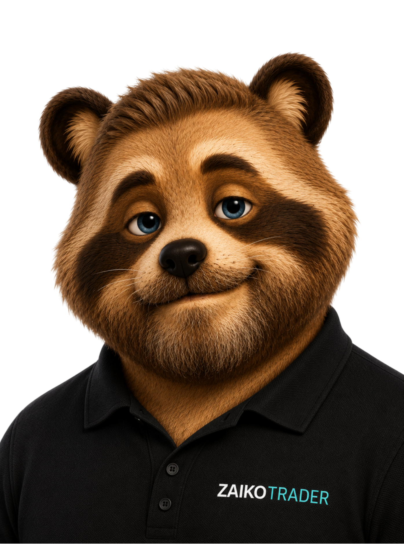 Cartoon Zaiko Trader bear mascot wearing polo shirt and smiling.