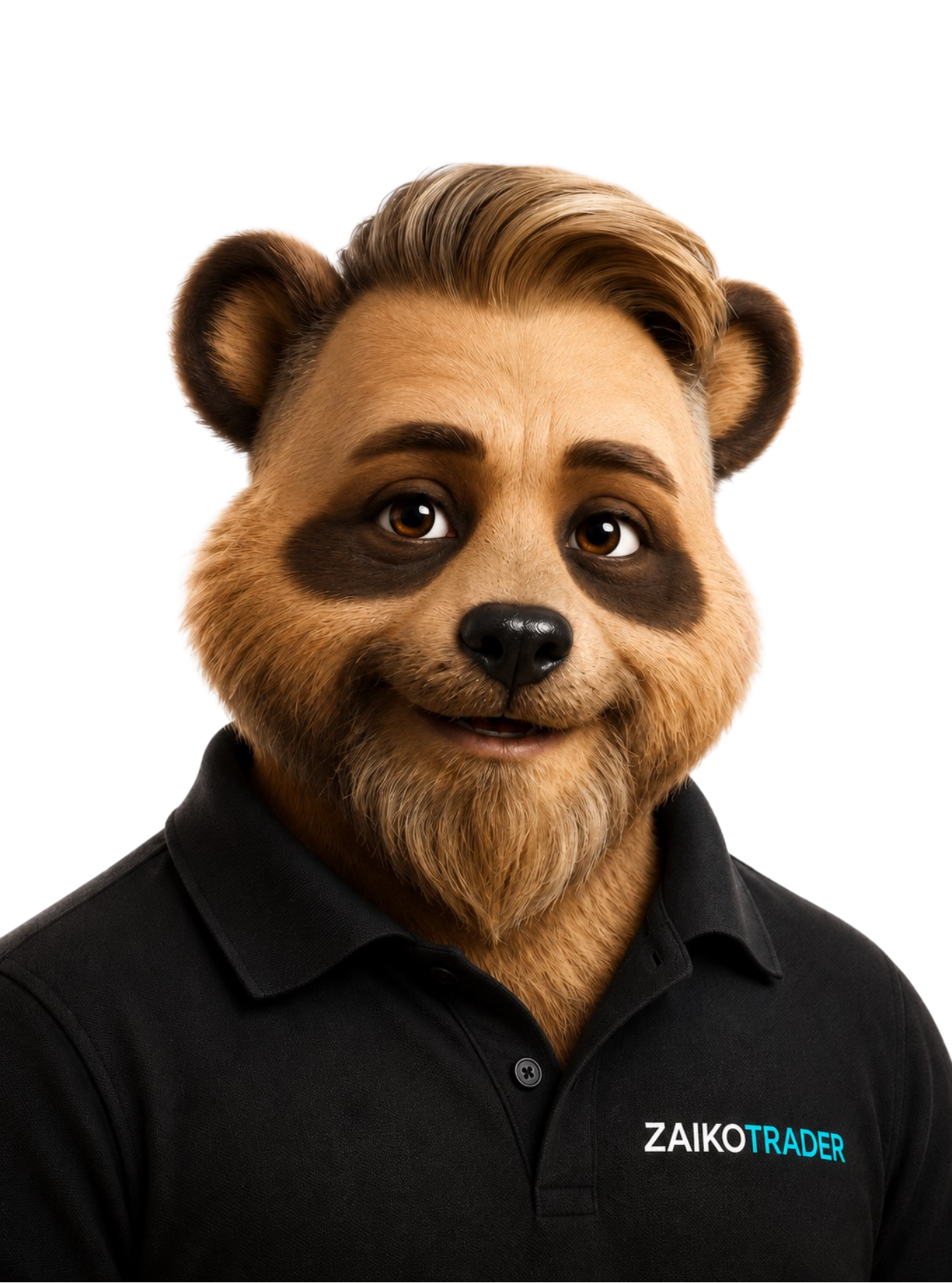 Zaiko Trader mascot, a panda character in a black polo shirt, representing automotive trade intelligence.