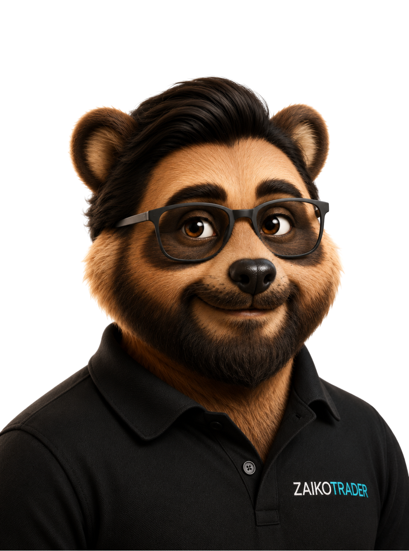 Zaiko Trader mascot, a friendly bear character wearing glasses and a company polo shirt.