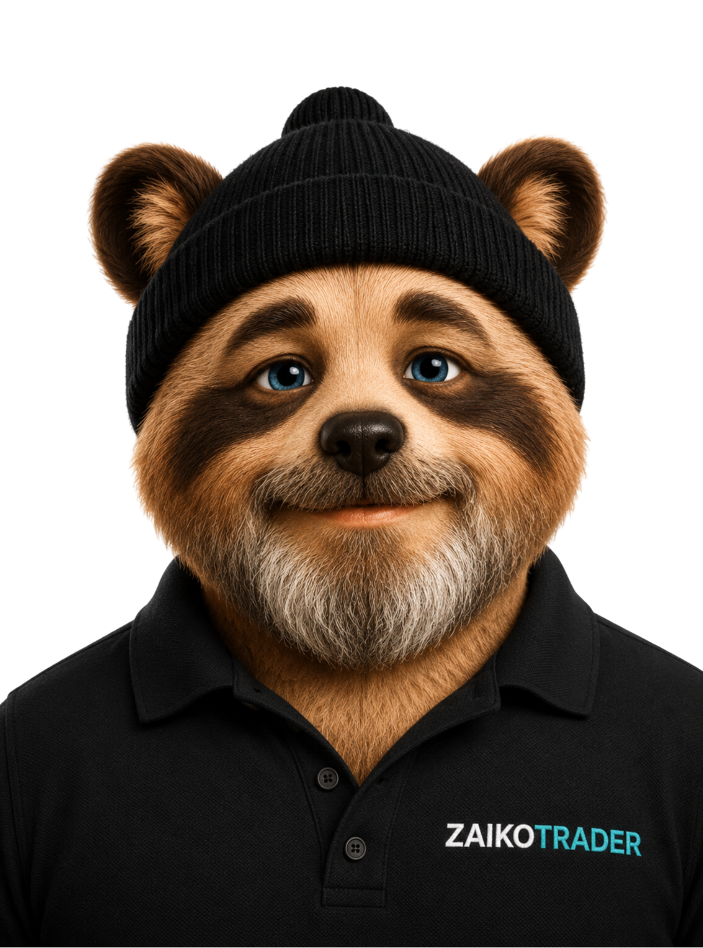 Cartoon bear mascot wearing a knit hat and polo shirt with ZaikoTrader logo, representing the