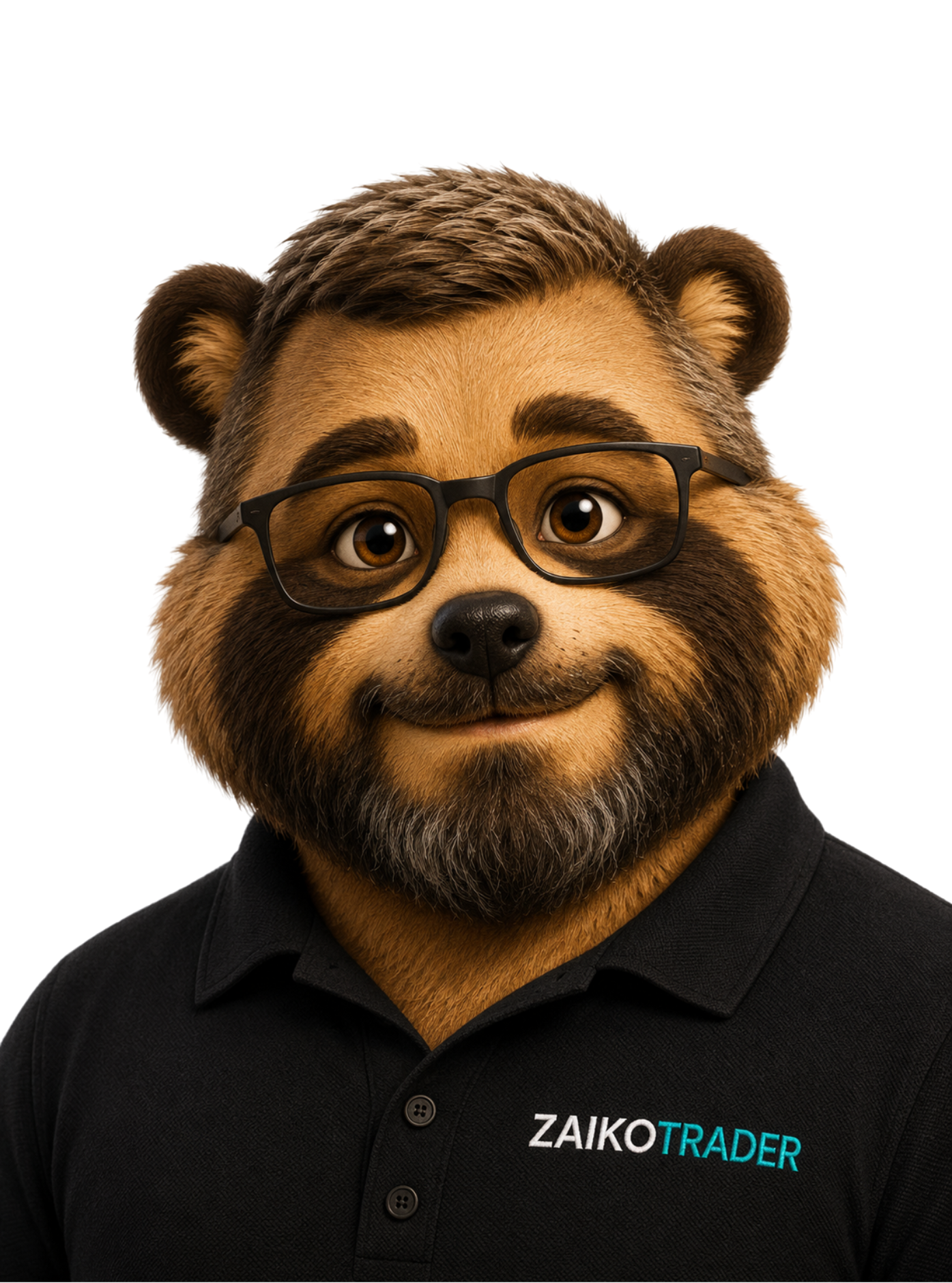 Cartoon bear mascot wearing glasses and a Zaiko Trader polo shirt, representing the team behind