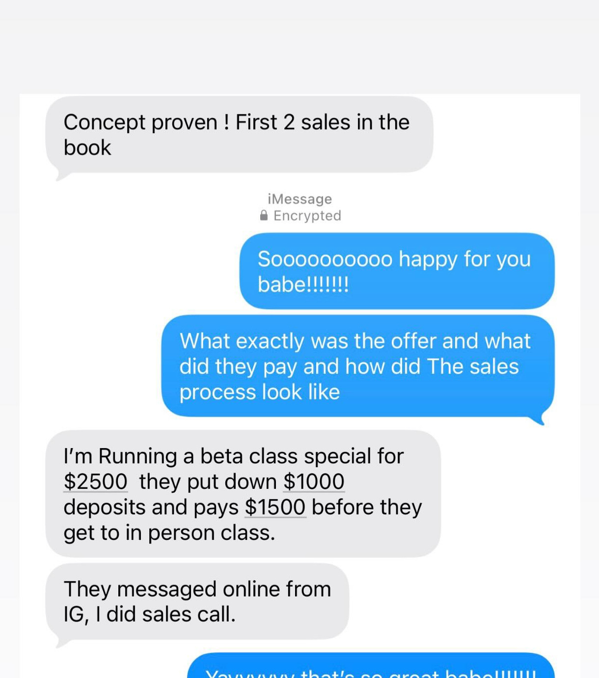 An anonymized client message celebrating the first two sales of a premium beta class