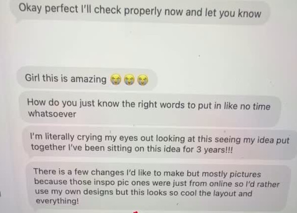An anonymized client message celebrating seeing a long-held idea brought to life
