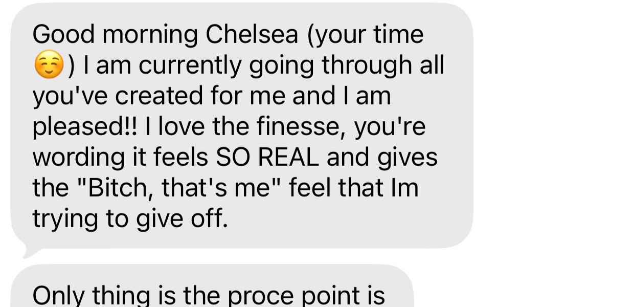 An anonymized client message praising authentic brand wording