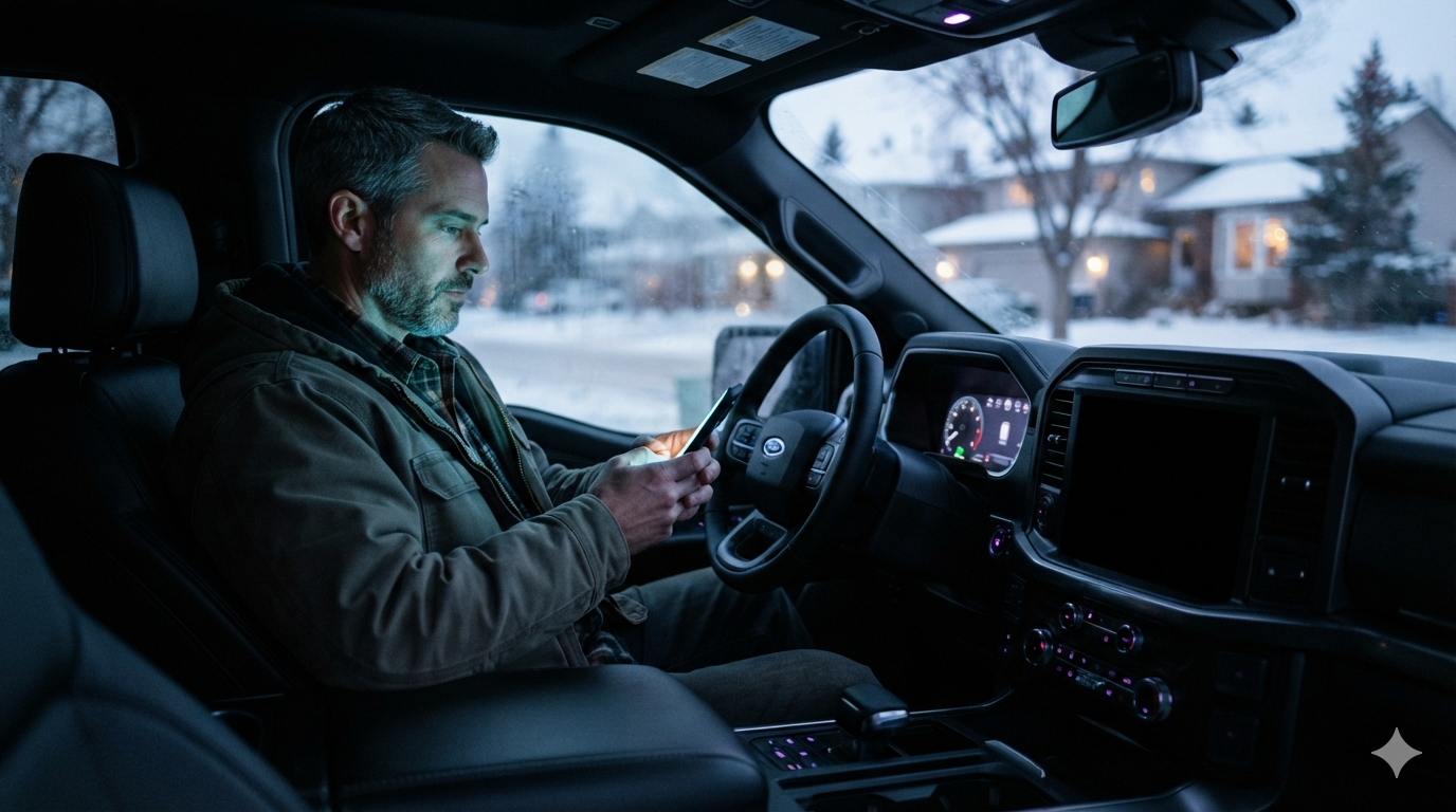 Entrepreneur au volant de son camion qui regarde son téléphone entre deux chantiers