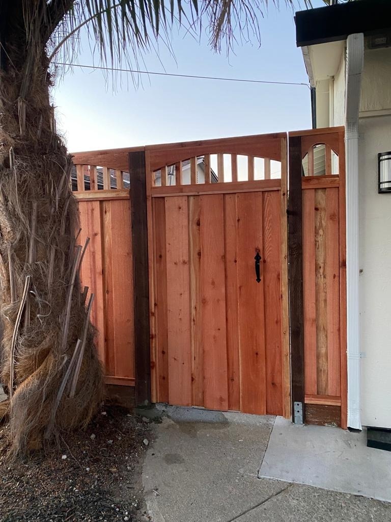 Custom redwood side gate installation in San Ramon CA