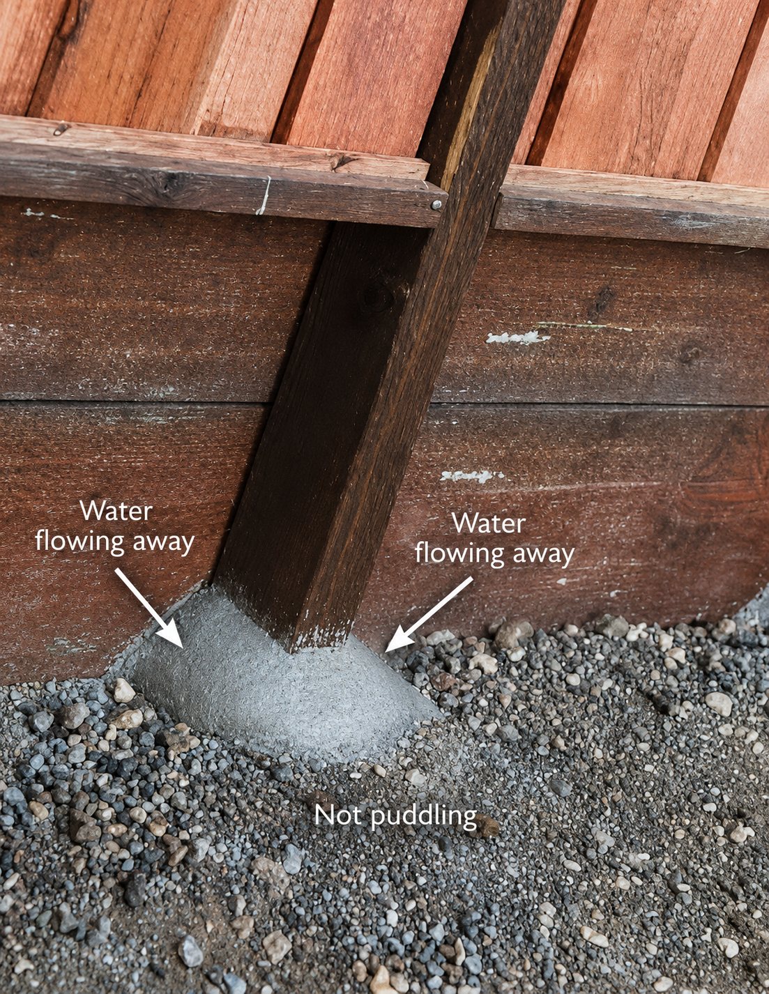 Concrete crown around a Fremont fence post directing water away from the post