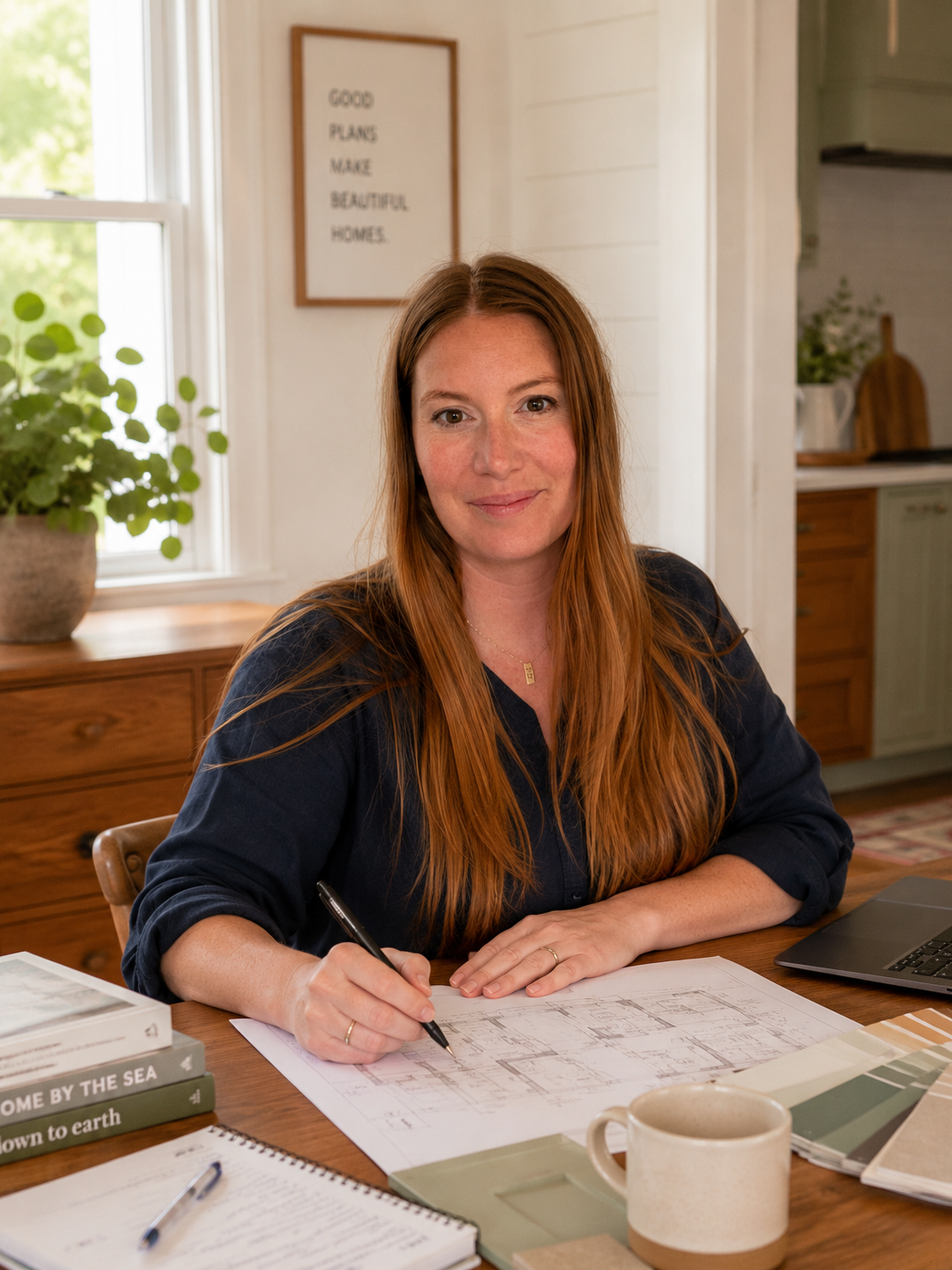 Susie reviewing home plans at a desk for This Giant Life Design Co.