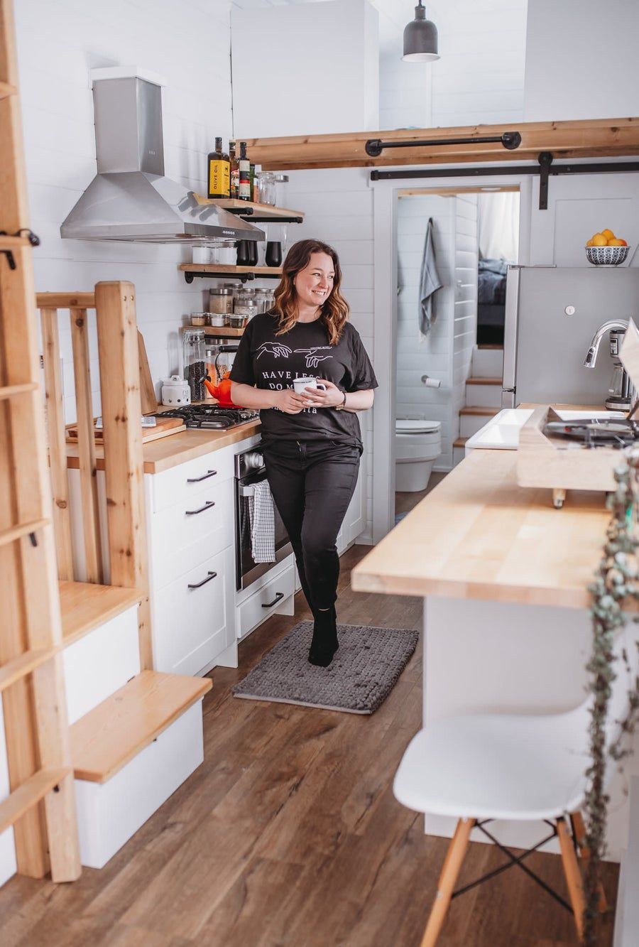 Megan Moore in her tiny house kitchen in Golden, BC