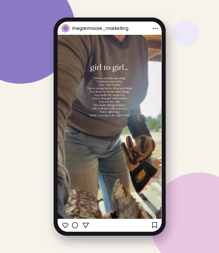 Instagram Reel of Megan Moore splitting firewood at her tiny home, filmed on an iPhone propped against a log Instagram Reel of Megan Moore splitting firewood at her tiny home, filmed on an iPhone propped against a log