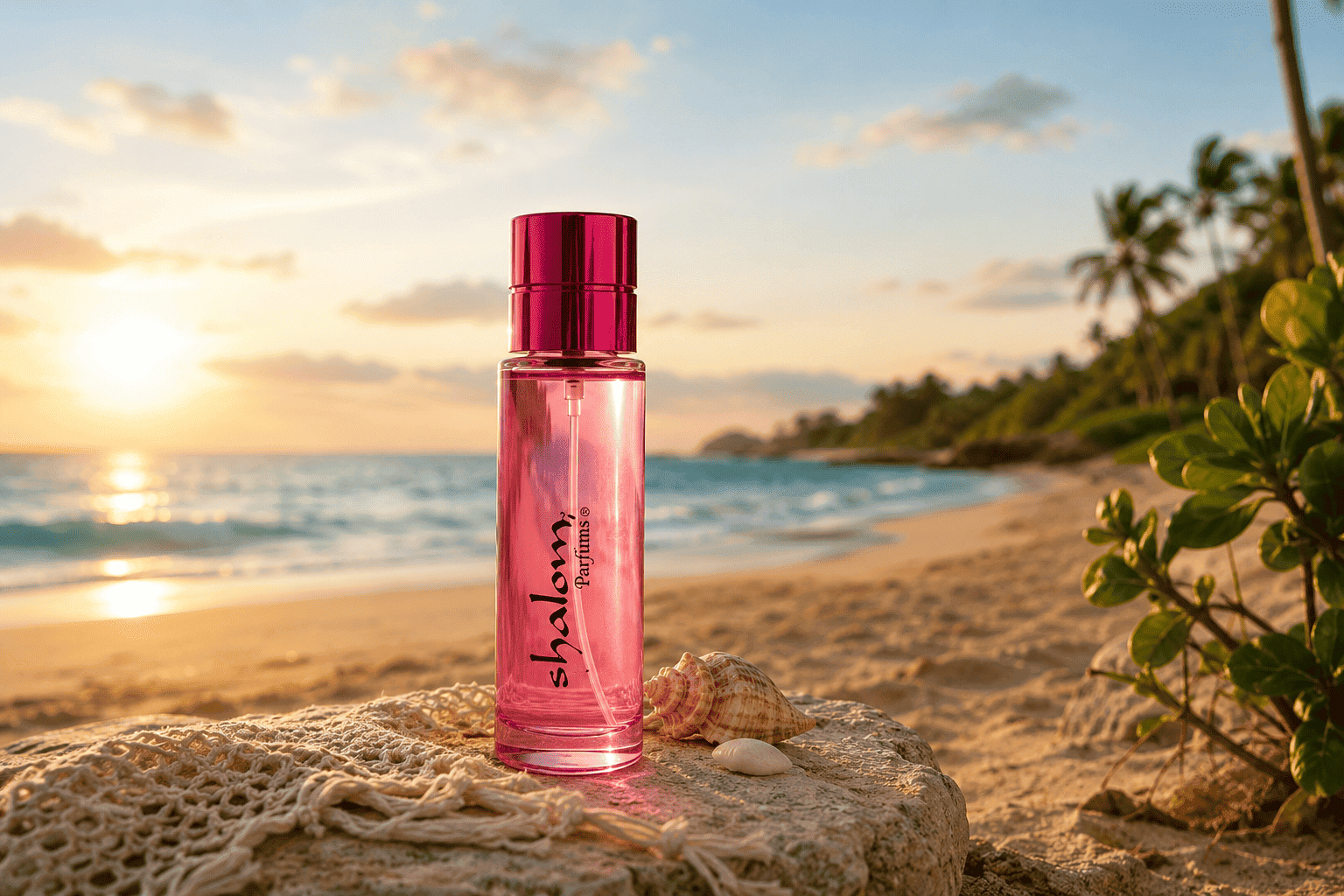 Fragancia Shalom Parfums sobre la arena al atardecer