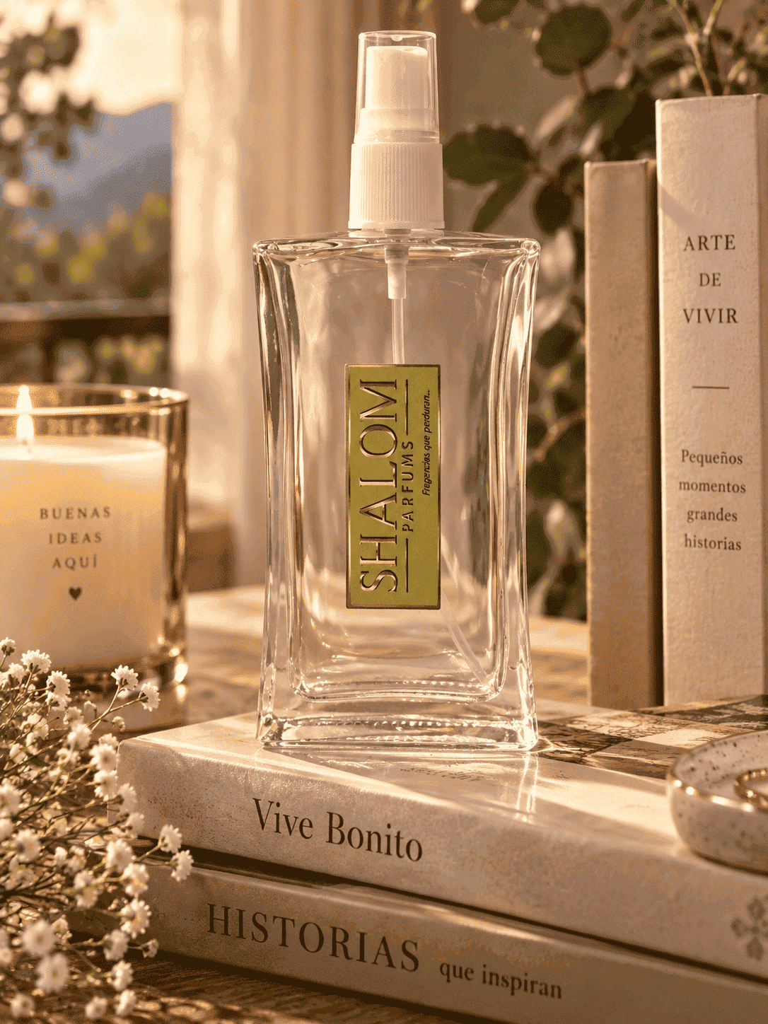 Frasco de Shalom Parfums junto a libros y una vela, para la línea árabe y oriental