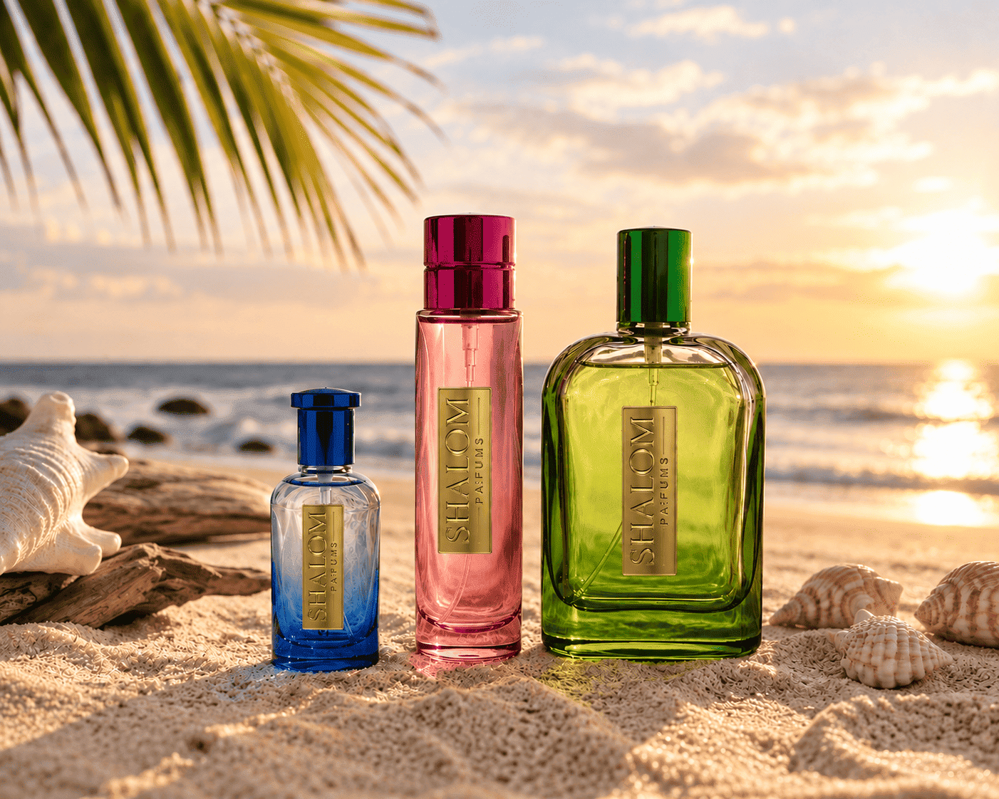 Tres fragancias de Shalom Parfums en la playa al atardecer