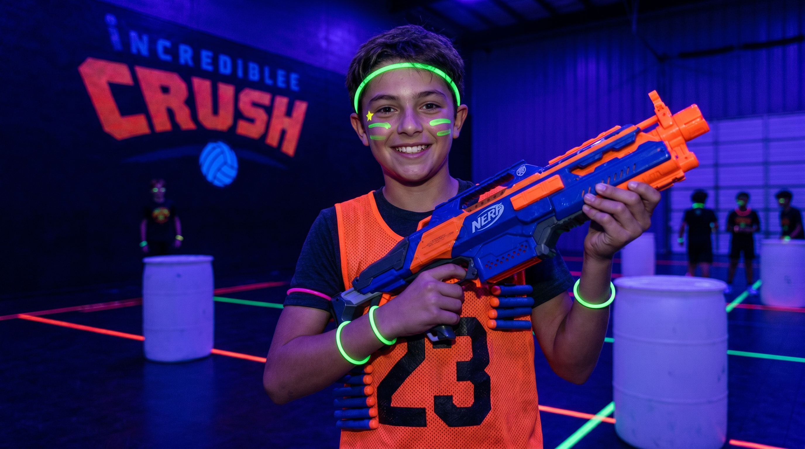 Kids playing Neon War Games tactical Nerf-style blacklight battle at Incredible Crush Volleyball birthday party in Rockwall TX