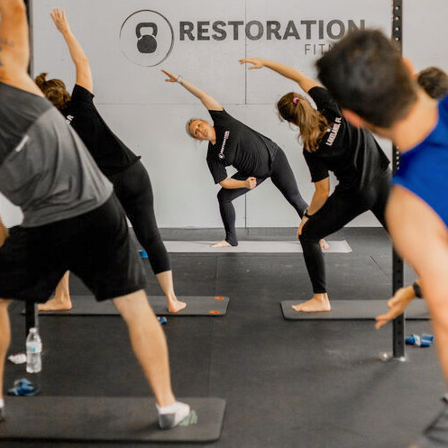 group fitness class stretching