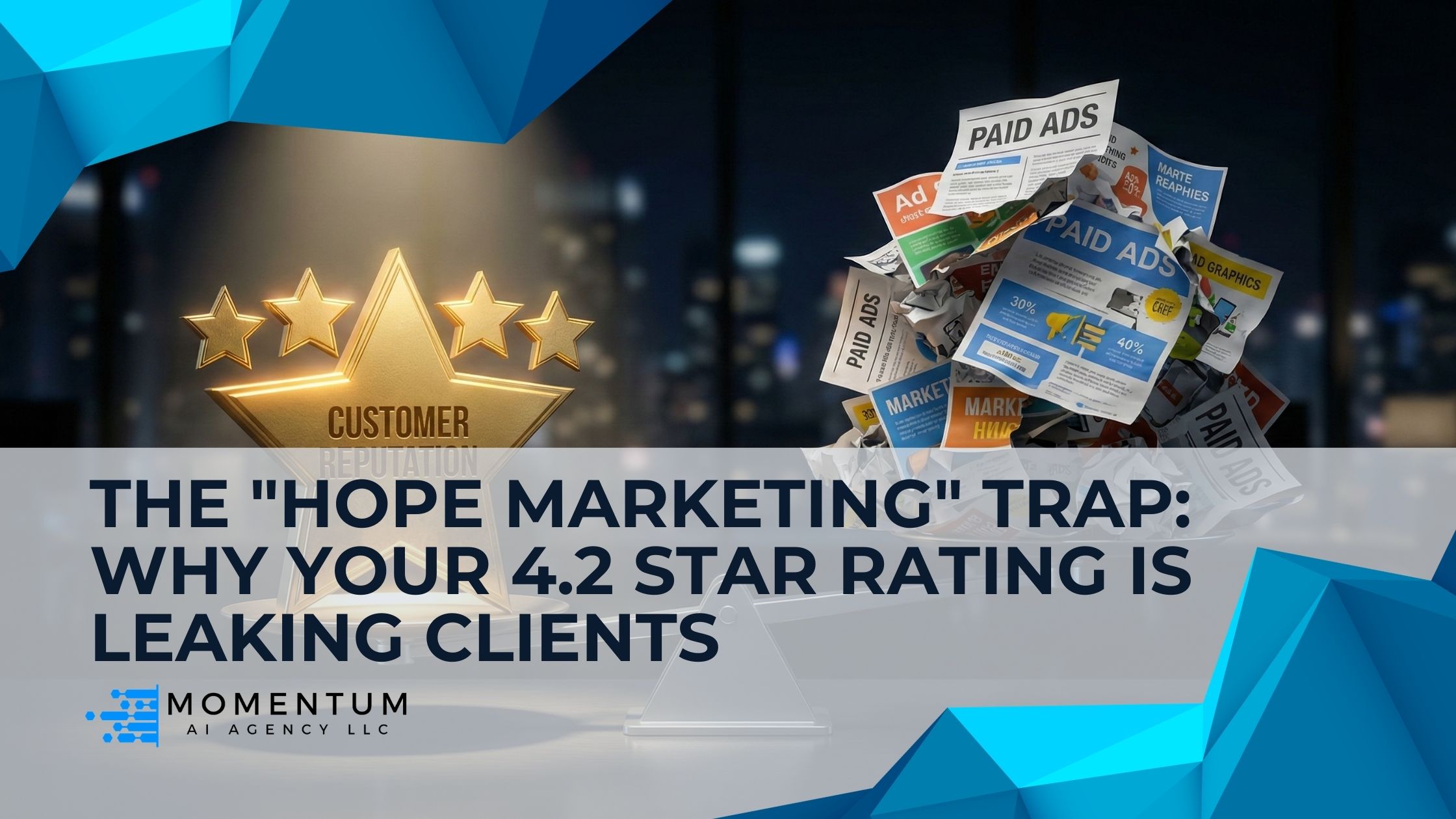 A gold 5-star rating outweighing a pile of marketing materials on a scale, symbolizing the unmatched ROI of a strong online reputation.
