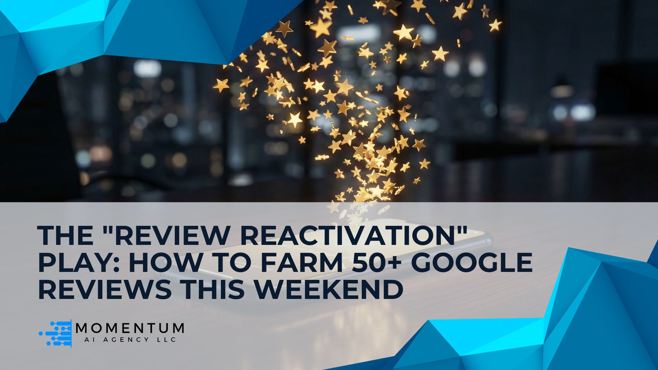 A smartphone emitting a stream of glowing golden stars, representing an automated SMS campaign generating a massive influx of 5-star Google reviews.