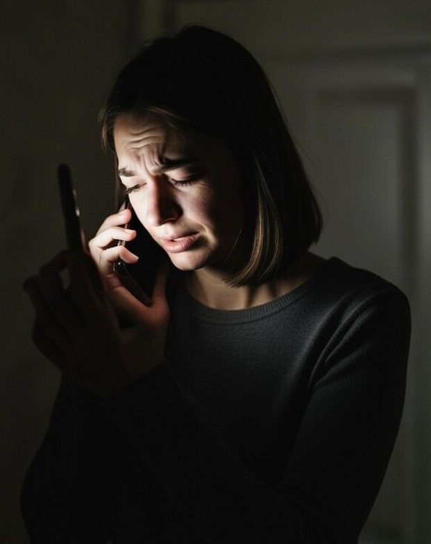 woman discovering evidence of a partner's infidelity on her phone late at night