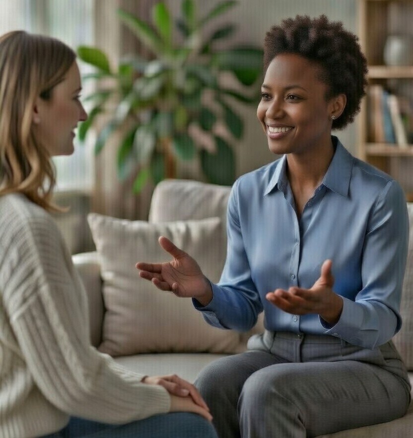 woman sitting with a therapist during a betrayal trauma counseling session