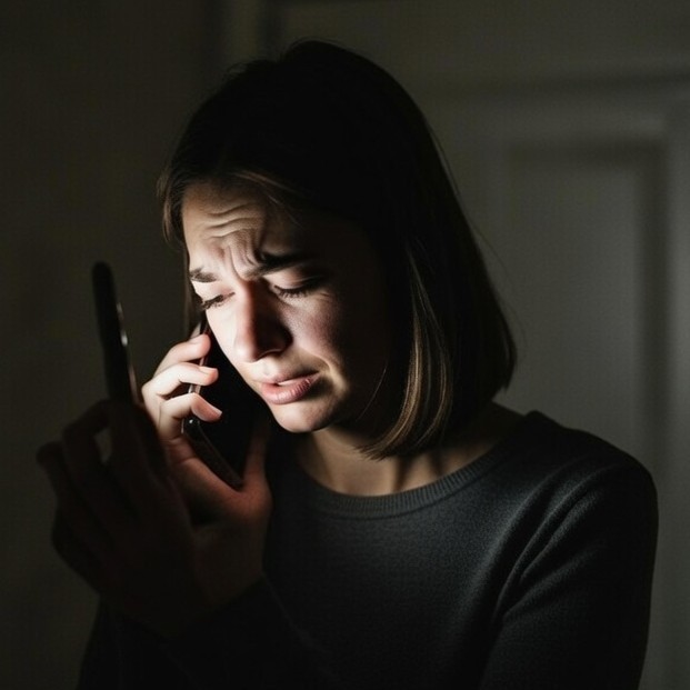 woman discovering evidence of a partner's infidelity on her phone late at night