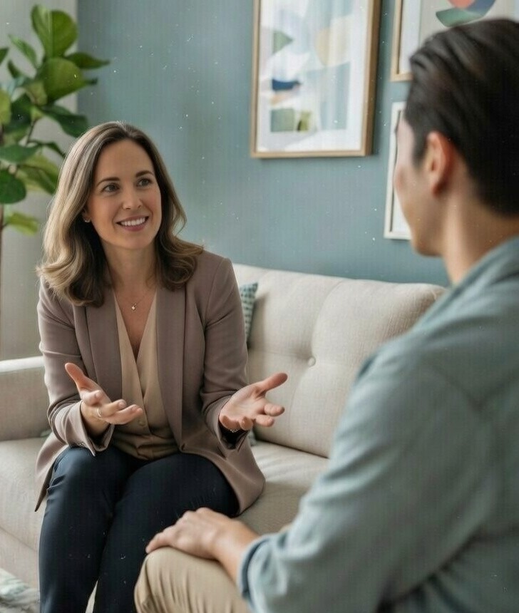 man sitting with a therapist during a betrayal trauma counseling session