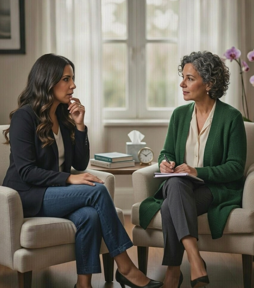 Woman asking betrayal trauma therapist questions