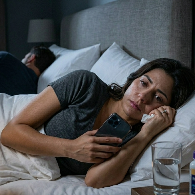 Woman in bed feeling hypervigilant and distraught while checking her phone after infidelity
