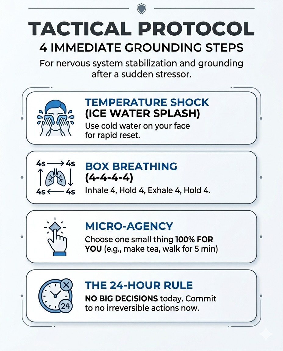 Instructional checklist for nervous system stabilization and grounding after discovery of an emotional affair.