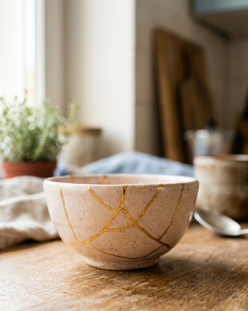 Kintsugi pottery with gold repairs symbolizing post traumatic growth and integration after betrayal trauma