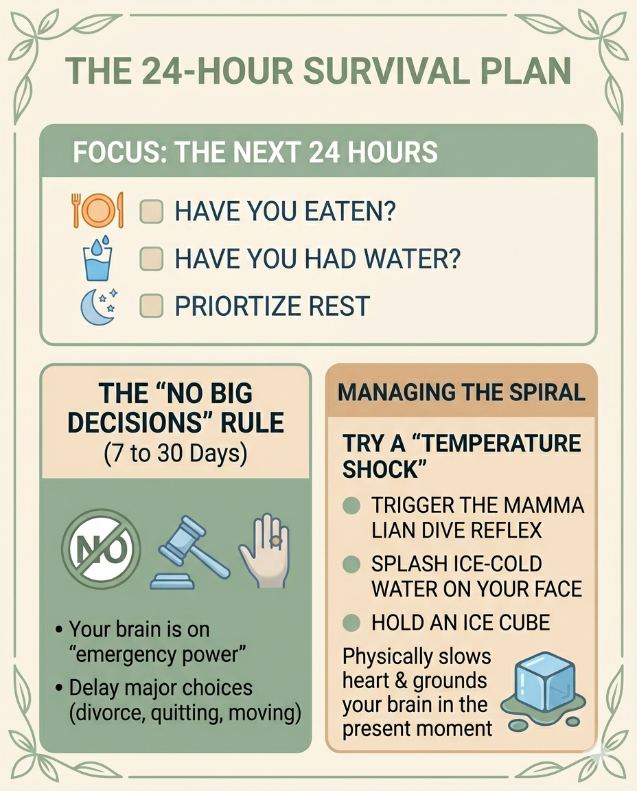 Instructional checklist for surviving the first 24 hours of discovery shock using temperature shocks and the 24 hour rule