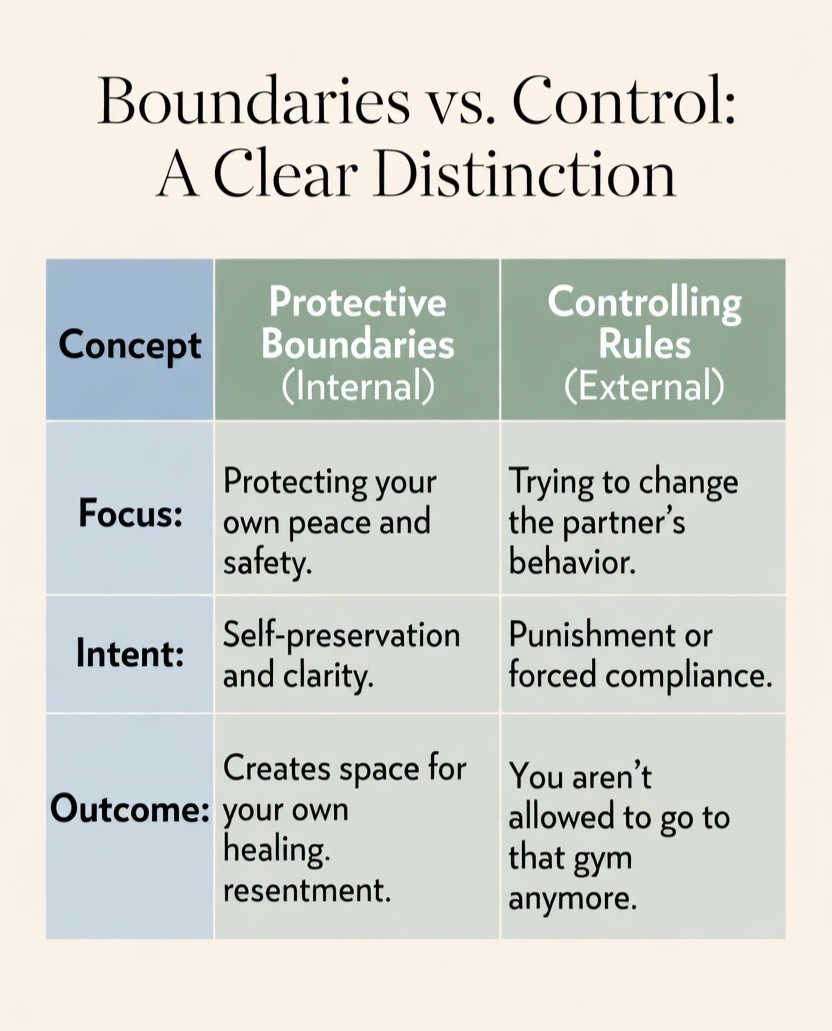 Educational chart comparing external controlling rules versus internal protective boundaries after betrayal trauma