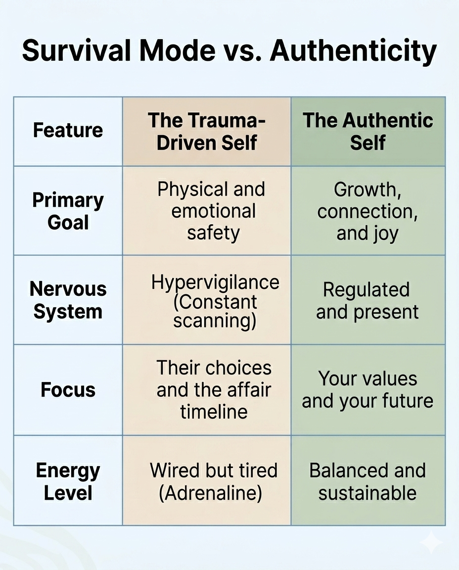 Clinical comparison table showing the difference between a trauma driven self and an authentic self after betrayal
