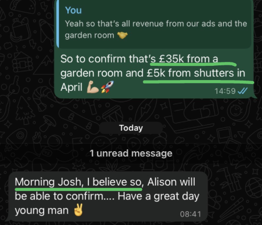 WhatsApp from John at Impact Shutters confirming £41k+ closed