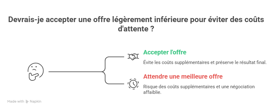 Schéma expliquant comment évaluer une offre d’achat immobilière en comparant prix, délai de vente, coût d’attente et solidité du dossier acquéreur.